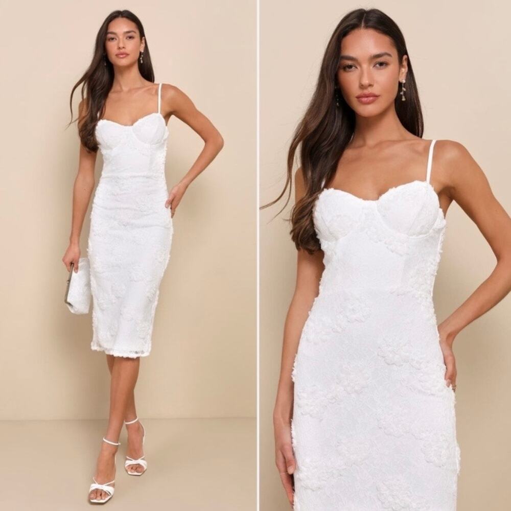 Lulus White Romantic Lace Textured Bodycon Midi Dress Sz.S NWT - Picture 3 of 16